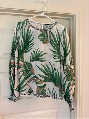 Vici White Blouse with Green Palm Print and Black-Trim